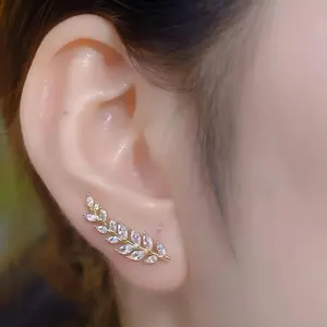 Flash & Finesse Flash & Finesse  Crystal Leaf Ear Crawler Earrings 14K Gold Plated Ear Climber Earrings Sparkling Wheat Inspired Earrings Elegant Fashion Jewelry, Statement Gift for Women  Festival gifts Festival Gift