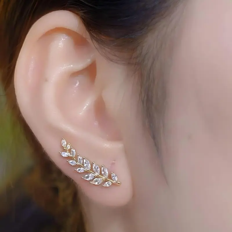Flash & Finesse Flash & Finesse  Crystal Leaf Ear Crawler Earrings 14K Gold Plated Ear Climber Earrings Sparkling Wheat Inspired Earrings Elegant Fashion Jewelry, Statement Gift for Women  Festival gifts Festival Gift