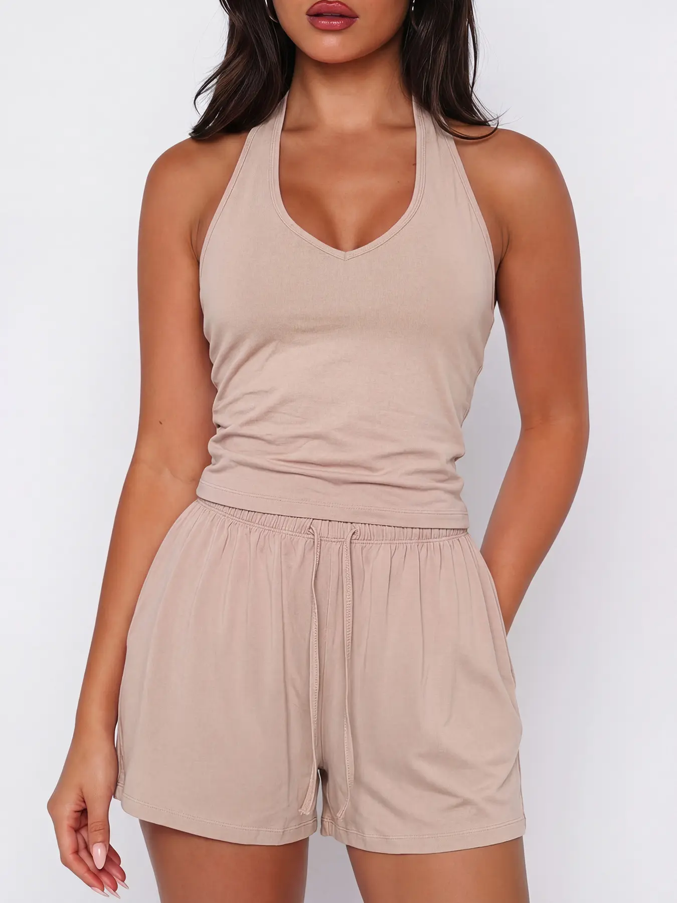European/American hot‑girl halter V‑neck tank top + drawstring elastic‑waist shorts — versatile casual two‑piece set featuring a high‑stretch, skin‑friendly, slim‑fit backless sleeveless top and loose casual shorts; suitable for everyday wear, home, and o