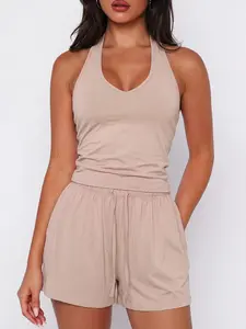 European/American hot‑girl halter V‑neck tank top + drawstring elastic‑waist shorts — versatile casual two‑piece set featuring a high‑stretch, skin‑friendly, slim‑fit backless sleeveless top and loose casual shorts; suitable for everyday wear, home, and o
