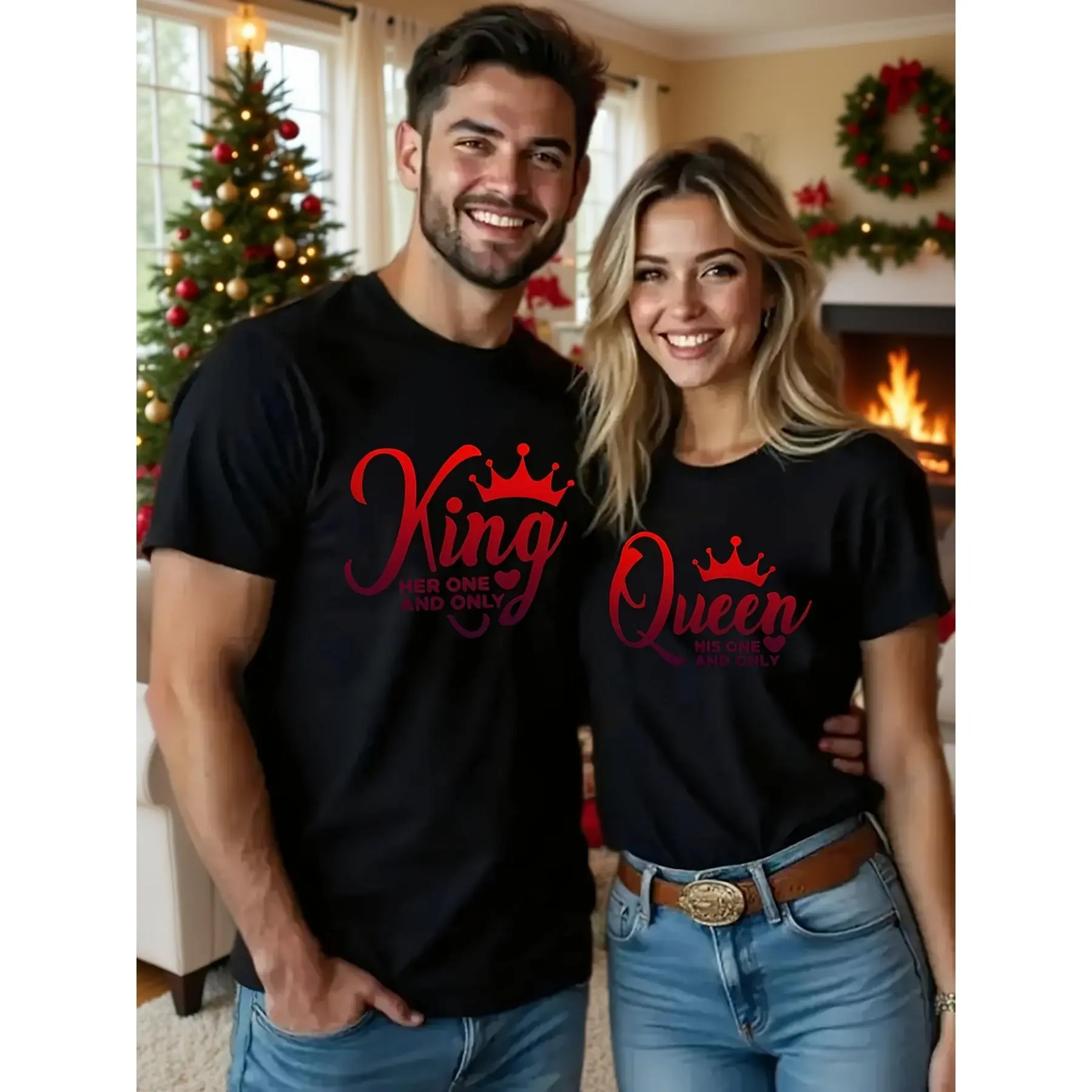 His & Hers King Queen Matching T Shirts Y2K Elegant Crown Graphic Print Black with Red Lettering Polyester Micro Elastic Round Neck Casual Couple Tees for Spring Summer Machine Washable for Valentine'S Day Holiday Gift