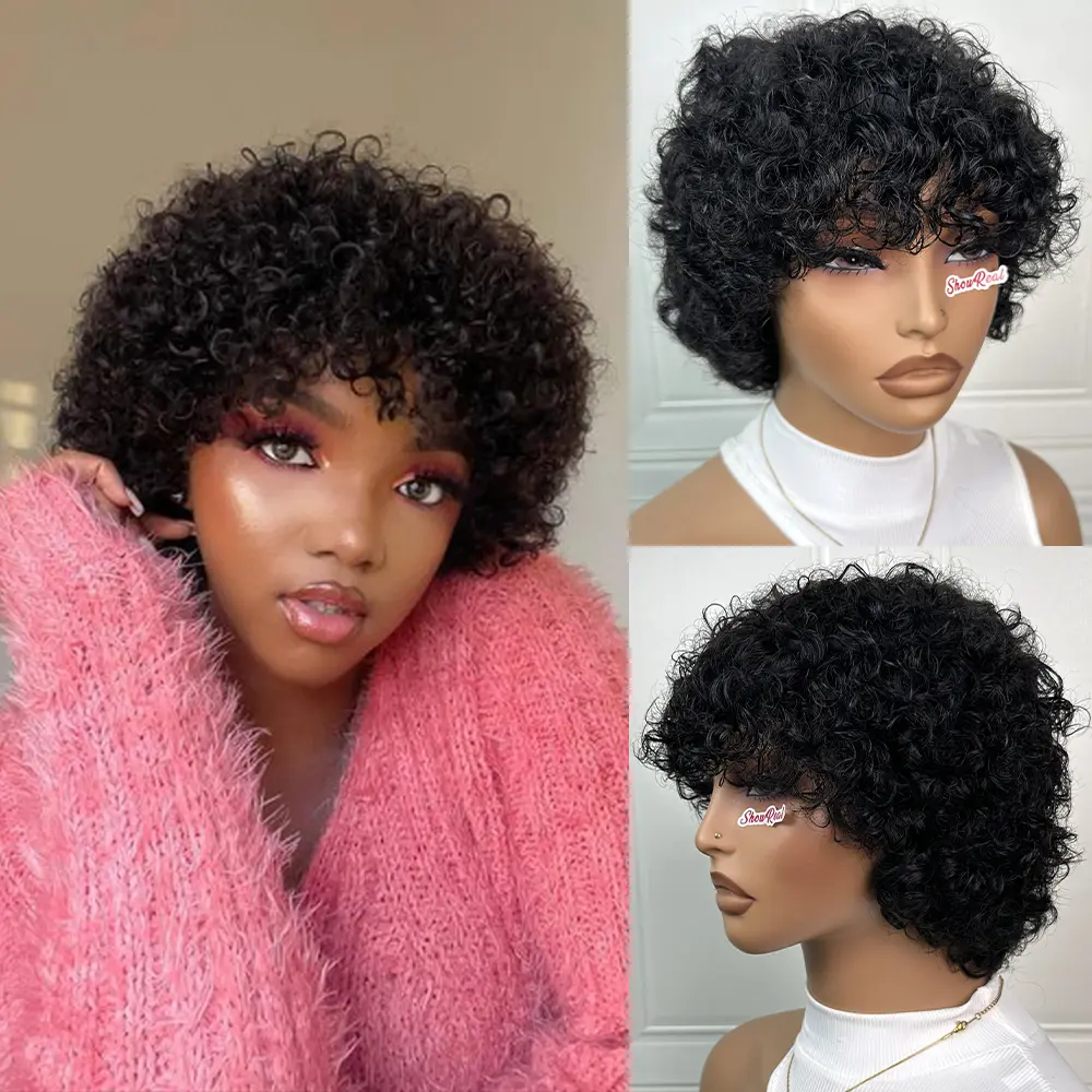 ShowReal Short Curly Pixie Cut Human Hair Wig With Bangs Full Machine Made Natural Black Glueless Human Hair Wigs Beginner Friendly For Women Daily Use