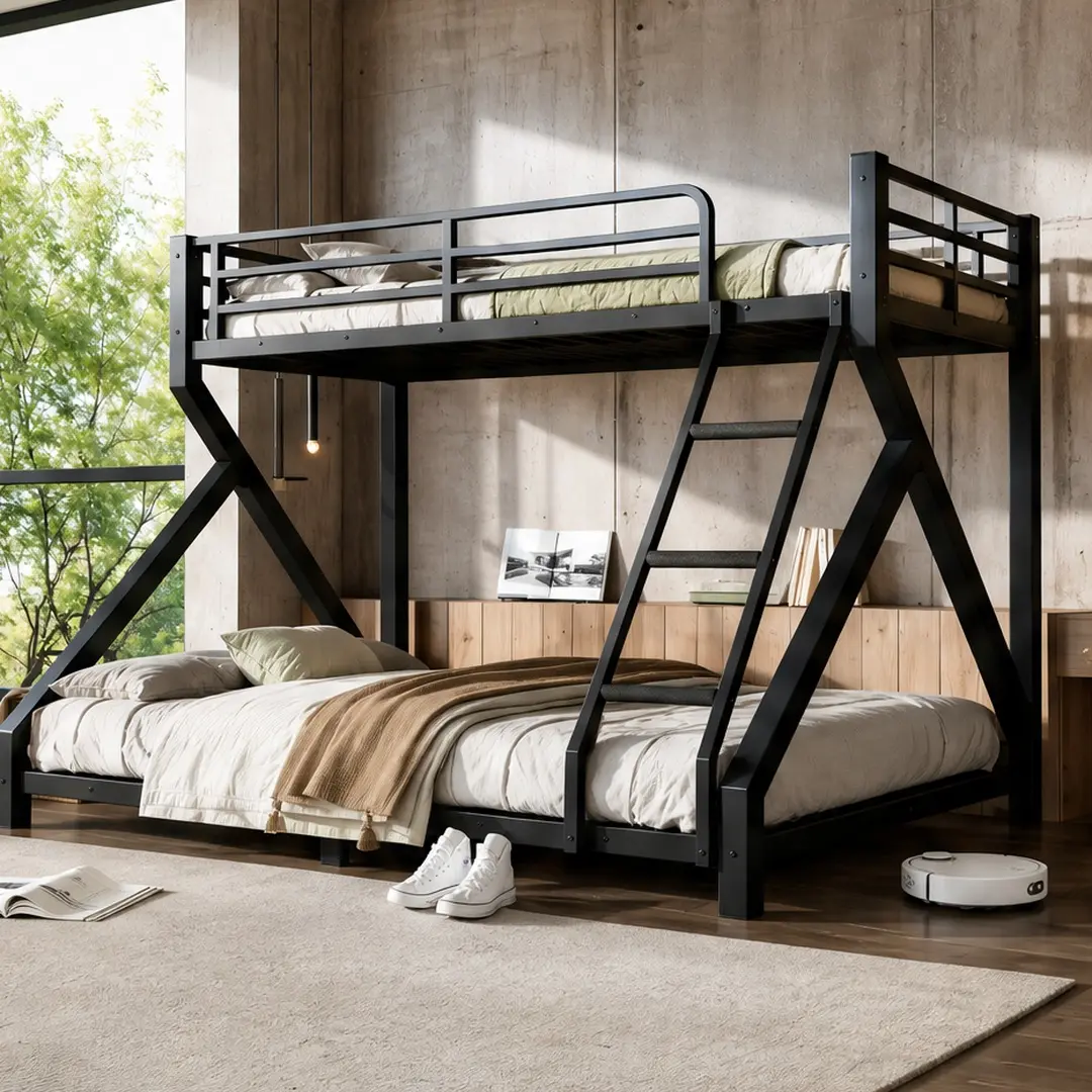 ARCH Twin XL-over-Queen Metal Bunk Bed with Ladder, 62.99" W X 82.68" D X 59.45" H, 83.78 lb, Low Profile Combo Item, Durable Black Finish, Full Upgraded Support Slats, Heavy Duty, No Box Spring Needed, Space-Saving for Kids/Teens, Assembly Required, Bunk
