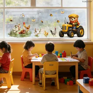 1Pc (30*60cm) Ins Style Farm Bear Static Window Cling, Tractor Driving Bear with Chicken Duck Bee Element, Static Adsorption Glue-Free Glass Decor Sticker