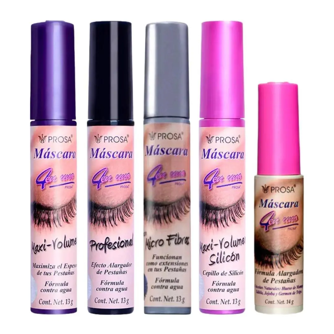 Professional 4en1 Mascara Set – 5 Pack | MaxiVolumen - Profesional - Microfibras - MaxiVolumen Silicon - Mascara 4en1 -Ultra-Volume, Full-Length Lashes, Rich Ebony Color & Long-Lasting All-Day Wear