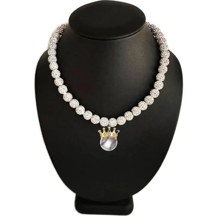 Iced Bling Disco Ball Rhinestone Crystal Bead Baseball Necklace White Ice Home Run King
