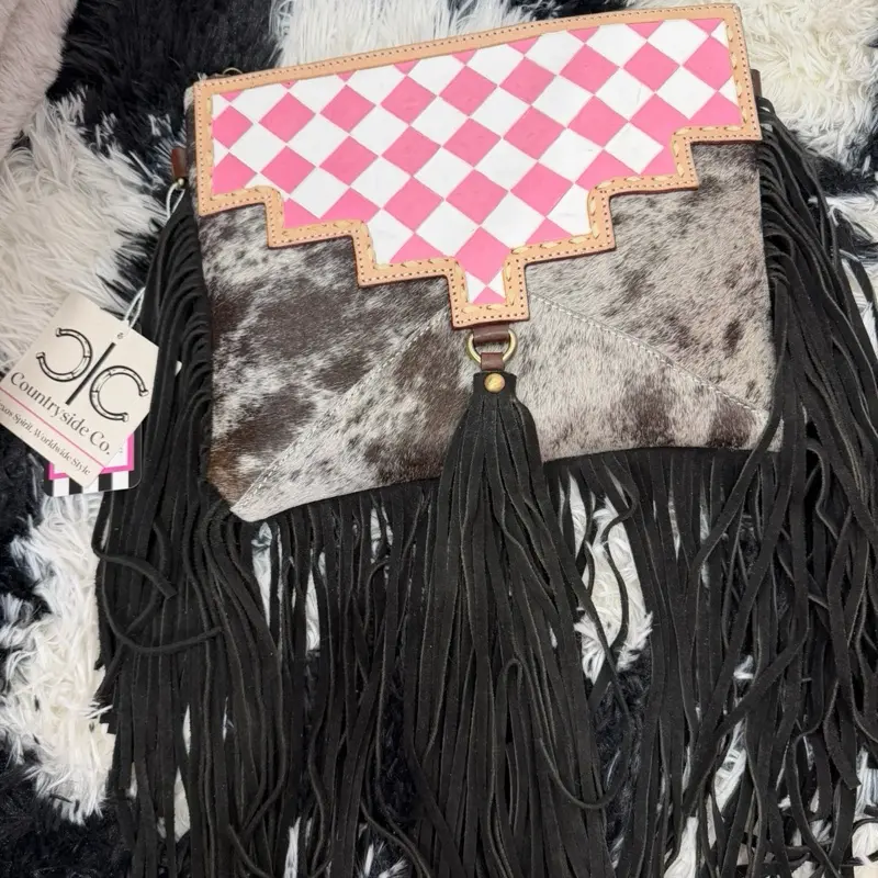 Pink and White Checkered Tooled Leather Cowhide Fringe Crossbody Bag