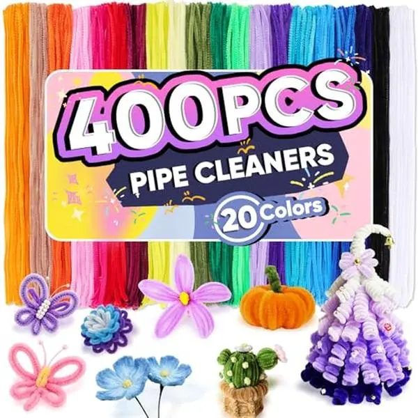 400 PCS Pipe Cleaners Bulk, 20 Colors Creative Chenille Stems Pipe Cleaners Craft, Pipe Cleaners for Crafts, Flowers, Art Projects, DIY Room Decor,Christmas Decorations