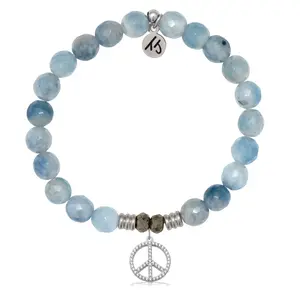 Aquamarine Jade Gemstone Bracelet with Peace CZ Sterling Silver Charm