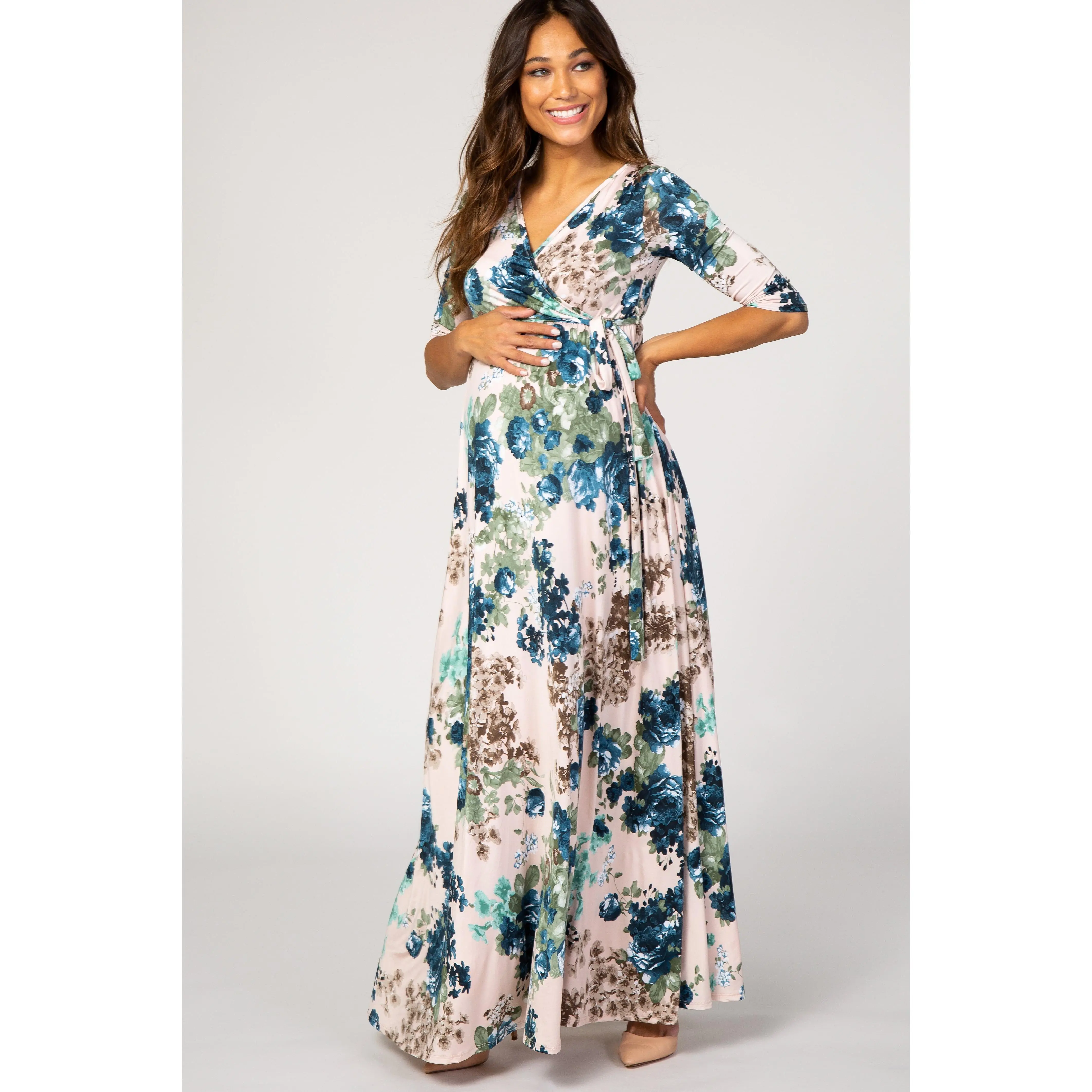 PinkBlush Light Pink Floral Sash Tie Maternity/Nursing Dress