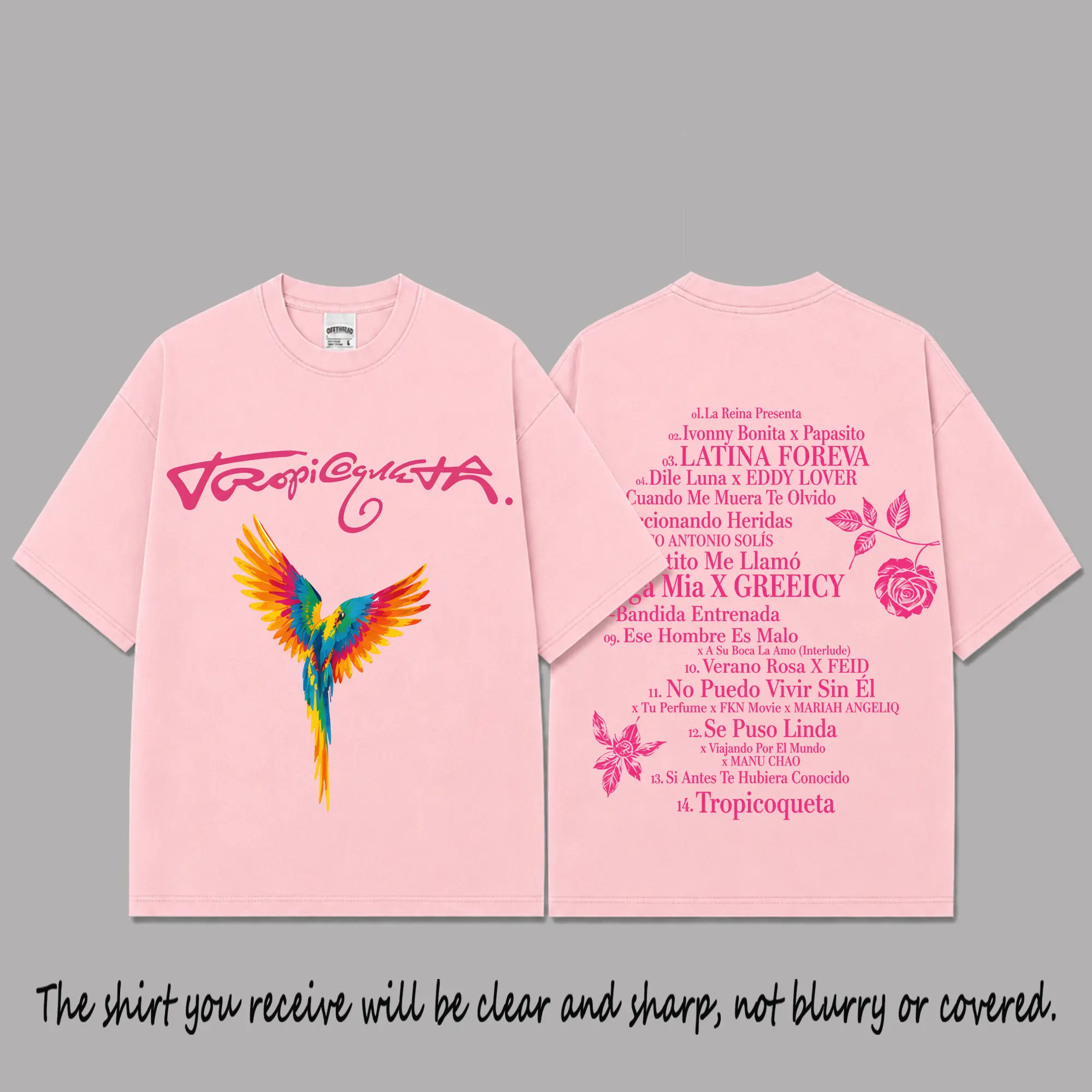 Tropicoqueta Tracklist Graphic Premium Cotton T-Shirt, Latina Forever Album Fan Tee, Colorful Parrot Latin Pop Shirt, Pink Oversized Music Merch, Concert Lover Gift