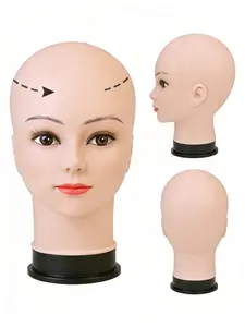 Multi-Purpose Bald Head Doll with Base, Display Wig Hat Scarf Glasses Makeup Products, Soft PVC Female Head for Hairstyle Practice