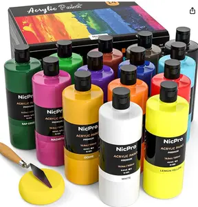 Nicpro 14 Colors Large Bulk Acrylic Paint Set (16.9 oz,500 ml) Rich Art Painting Supplies, Non Toxic for Multi Surface Canvas Wood Leather Fabric Stone Craft, for Kid & Adult with Color Wheel