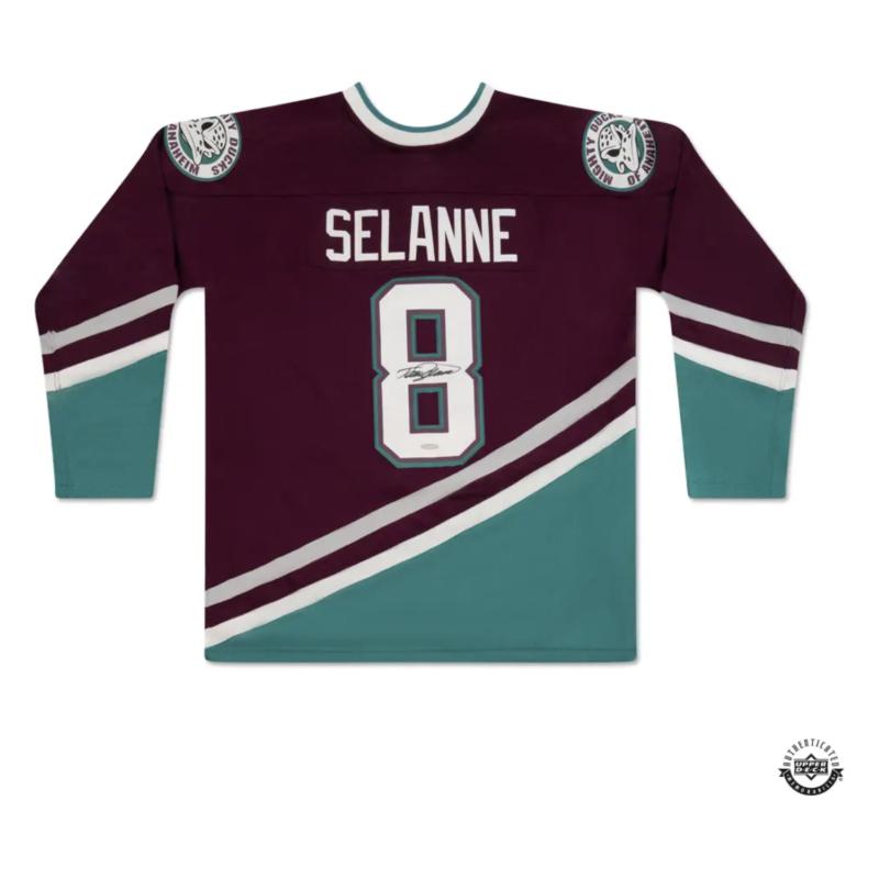 Teemu Selanne Autographed 1996 Dark Mighty Ducks Jersey UDA