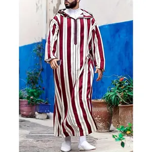 Men's Striped Hooded Long Robe - Casual Polyester Thobe with Zipper Detail, Machine Washable - Perfect for Spring/Fall