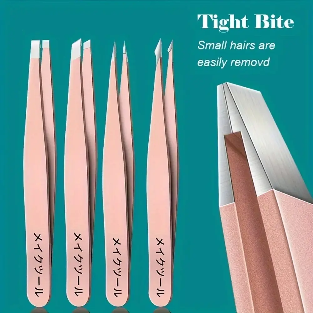 4pcs Precision Stainless Steel Tweezers Set, Home Beauty Tool, Multi-Use for Eyebrow, Facial Hair Removal, Small Hairs, Splinter & Eyelash Extension, with Different Tip Types
