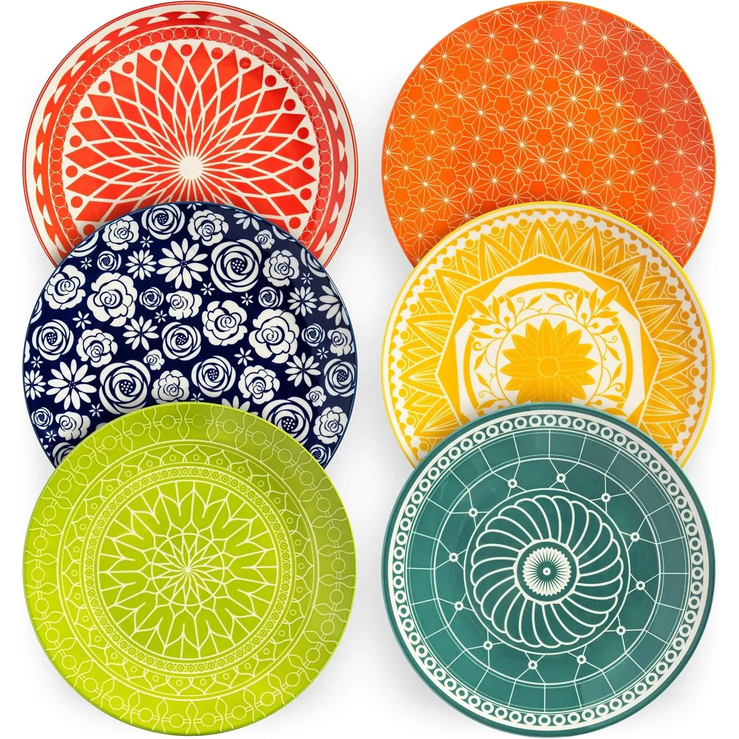 Dinner Plates - Mismatched Colorful Dinnerware Set of 6 - Fun Decorative Cute Boho Kitchen Dishes - Zero Lead & Cadmium - 10.5 Inch Diameter