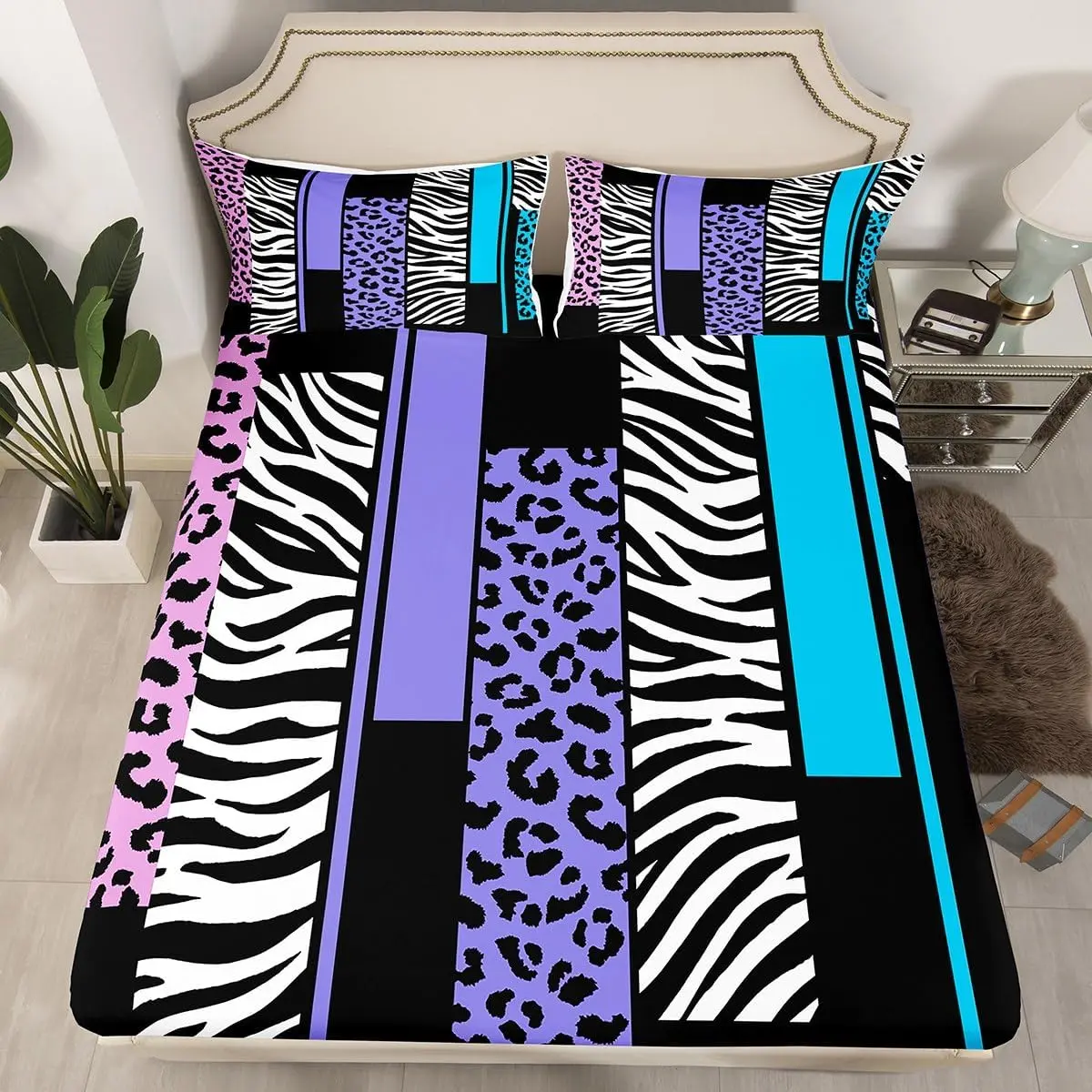 Feelyou Queen Size Leopard-Print Fitted Sheet Set - Purple Blue Decorative Microfiber Bedding Set with Safari Zebra-Print Bed Cover for Bedroom, Bed Sheets Set
