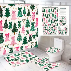 1/4pcsChristmas Bathroom Set - Shower Curtain with Matching Toilet Seat Cover & Rugs, Festive Green & Pink Trees, Golden Snowflakes, White Background, Cheerful Holiday Decor for Xmas Bathroom Decorations, Shower Curtain Sets
