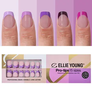 ELLIE YOUNG PRO-TIPS Short Square Purple Pastel French Tips, 150pc Press-On Nails Kit – 15 Sizes, Matte Gel Acrylic Look, Soft Gel DIY Extensions, Nail Art DIY
