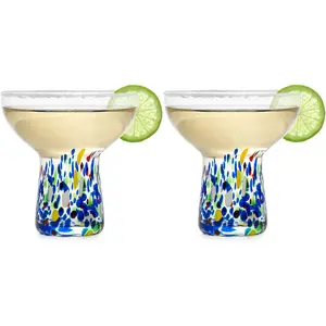 Stemless Margarita Glass – Set of 2-14OZ Luxury Hand Blown Confetti Margaritas, for Cocktails, Water, Wine, Dessert, Martini & Champagne Glasses Cinco de Mayo, Hand Blown Glass - Mexican Confetti