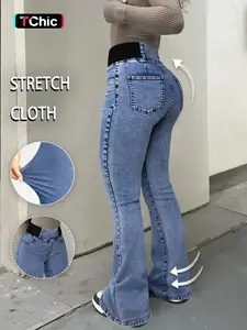 GILIPUR Y2K 2026 Women's Back Shirred Jeans,Mid-Rise Elasticity Waist Flared Jeans,With Pockets,Light Blue Washing Process,Women's Bell-Bottoms Wide-Leg Jeans,Waist - Cinching Design,T-Chic