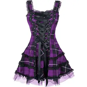Vintage Plaid Bandage Gothic Women A-line Dresses Grunge Aesthetic Lace Trim Patchwork Mini Dress Punk Bodycon Sexy Partywear Statement Sleeveless Fabric Womenswear