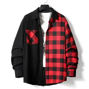 Men's Long Sleeve Corduroy Plaid Shirt for Spring and Autumn, Men's Loose Fit Color Block Shirt, High-Quality Youthful Jacket with Trendy Color Block Design, Street Style Long Sleeve Shirt, Suitable for Everyday Wear, Gifting, Gift
