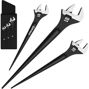 3- Adjustable Spud Wrench Set (10, 12, 16 Inch), CR-V Steel & Black Oxide Finish, SAE & Metric Scales, Alignment Punch and Crowbar Tail for Construction/Mechanical Repair/Outdoor Projects