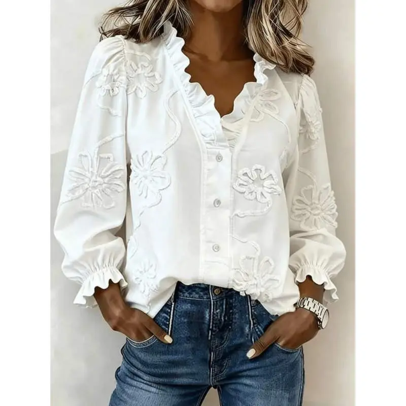 Women's  Floral Embroidered Ruffle Trim V-Neck Puff Long Sleeve Button-Down Casual Tops with Soft Fabric & Flattering Fit, Comfortable