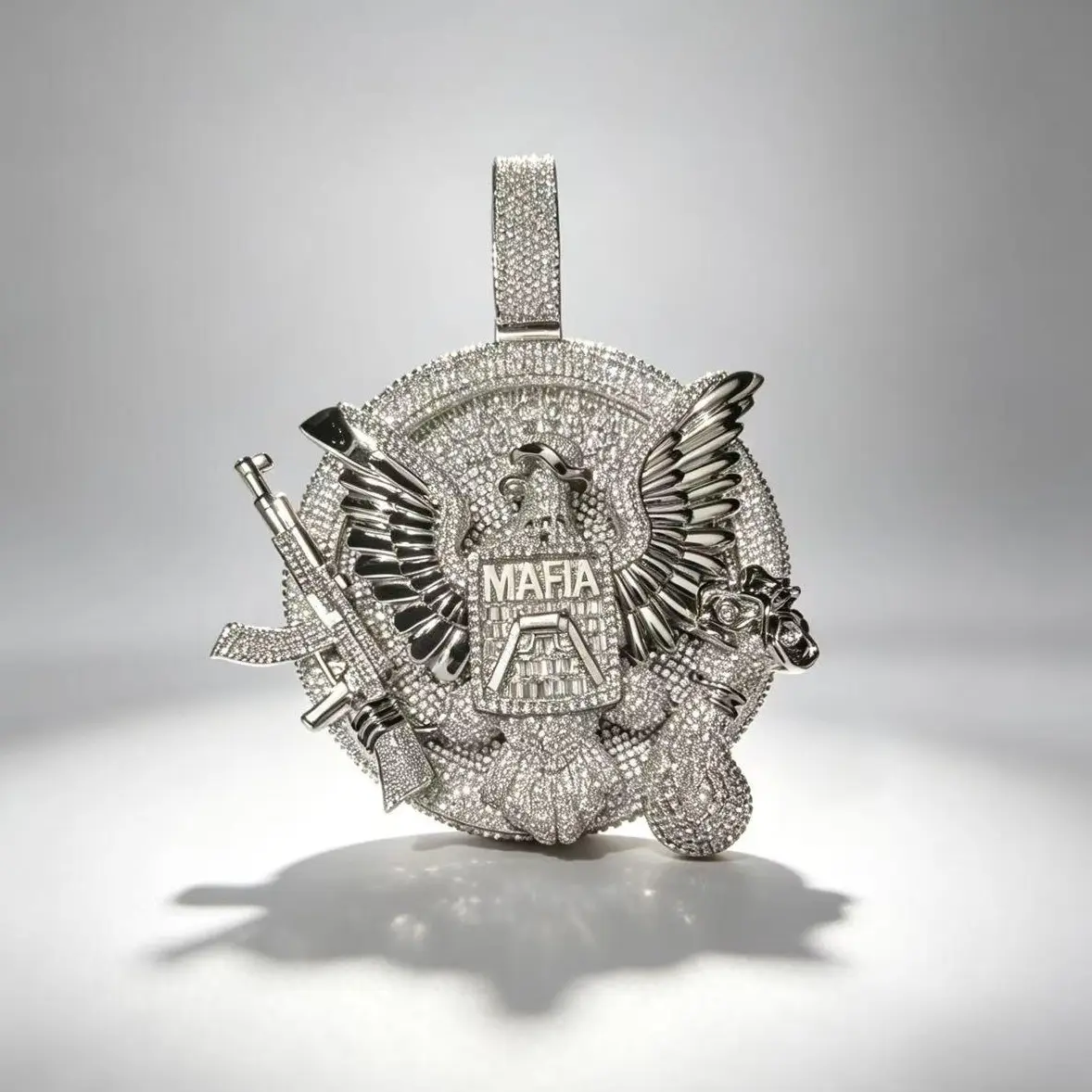 8147  Iced Out MAFIA Eagle & Gun Emblem Pendant, Trap Culture Inspired Hip Hop Necklace, Oversized Statement Piece for Rappers & Street Style Kings summerwins