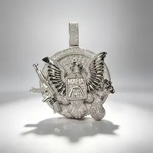 8147  Iced Out MAFIA Eagle & Gun Emblem Pendant, Trap Culture Inspired Hip Hop Necklace, Oversized Statement Piece for Rappers & Street Style Kings summerwins