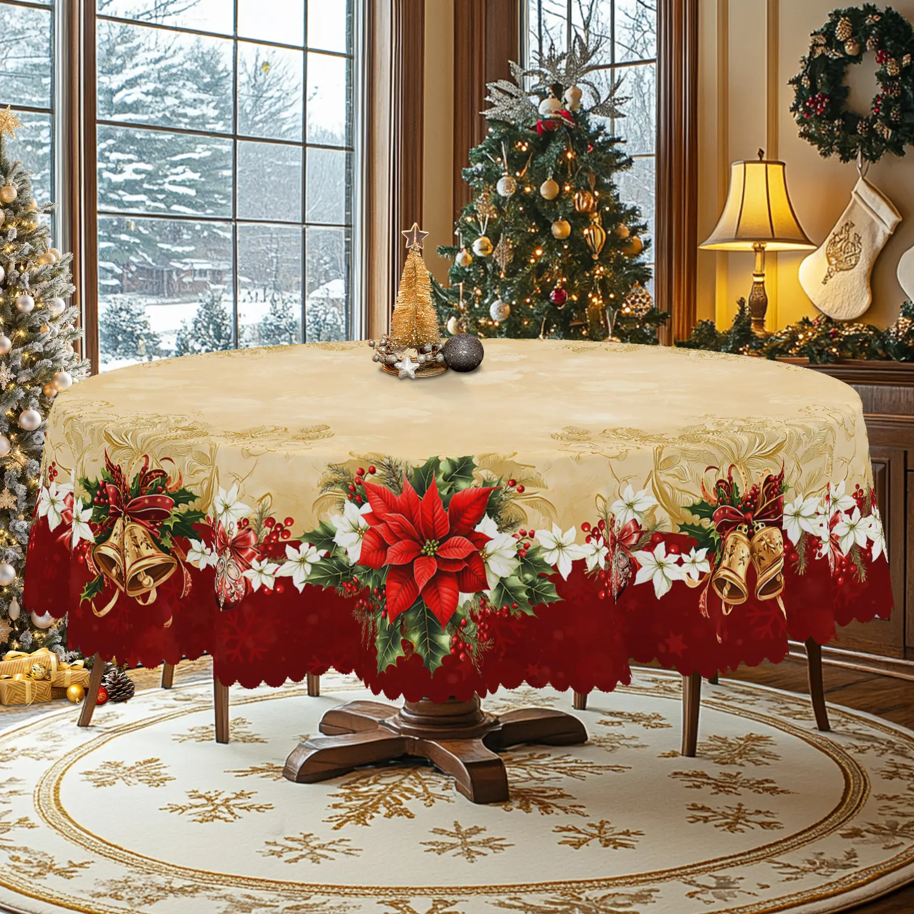1pc Vintage Christmas Tablecloth with Floral and Bell Patterns, Round Table, Rectangle Table Cover, Perfect for Holiday Dining Decor, Indoor & Outdoor Use, Ideal Gift for Friends, Festive Dining Setting | Vintage Christmas Design, Christmas Gift