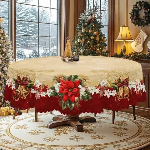 XEXSIN 1pc Polyester Classic Vintage Christmas Tablecloth - Floral Bells Gorgeous Designs Colorful Print, White Back for Clean Look, Fits Round/Rectangular Tables, Holiday Dining Decor, Indoor Use, Ideal Anniversary Gift for Friends