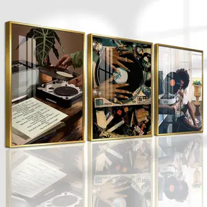 3 Counts Aluminum Alloy Framed Painting, Retro Vinyl Record Player Art Pictures, Home Decoration For Living Room, Bedroom, Office, Restaurant, Hallway Wall Decor, Odorless Print Artwork, Luxury Perfect Gift For Friends And Family