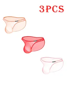 Men's 3-Piece Sheer Bikini Briefs Set - Low-Rise, Moisture-Wicking, Butt-Lifting, U-Convex, Quick-Dry, Breathable Menswear Underwear - Stylish, Plain Mixed-Color Lingerie for Gym, Night Runs