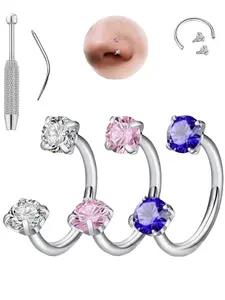 5pcs Set Stainless Steel Zircon Nose Rings Earrings Lip Rings Body Piercing Accessories High-Quality Jewelry Double Nose Pierced Jewelry for Women Men