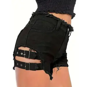 Women’s black denim shorts, crafted from raw linen with high elasticity and distressed linen details, made from synthetic silk fabric, featuring an elegant style for spring/autumn wear GARMENTARY