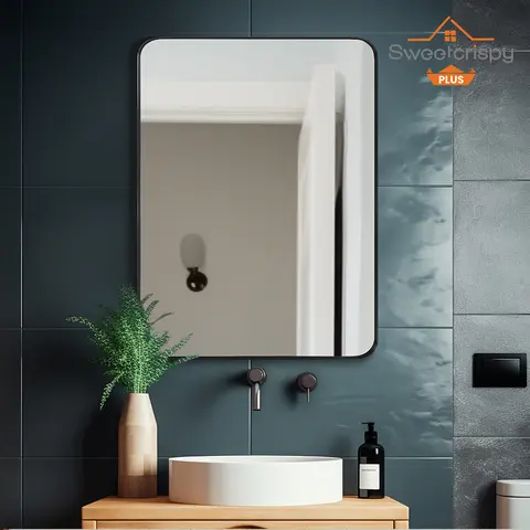 Sweetcrispy Farmhouse Wall-Mounted Bathroom Mirror - 4mm Tempered Glass, Matte Black Aluminum Alloy Frame, Rounded Rectangle, Rustproof, 1:1 True View, Dual Hanging, Vanity Clarity, Bathroom Fixtures, Fireplace Living Room Decor, 100% Refund/Replacement