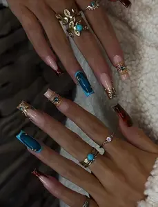 Blue Gemstone Press On Nails/Handmade Gel Nails In Long Square/Glue On Nails/False Nails/Birthday Holiday Date Night Nails/Gift for Her