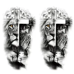 2 Sheets Large Forest Lion Jesus Cross Old School Temporary Tattoo Stickers Waterproof Arm Leg Temporary Tattoo Halloween Long Lasting