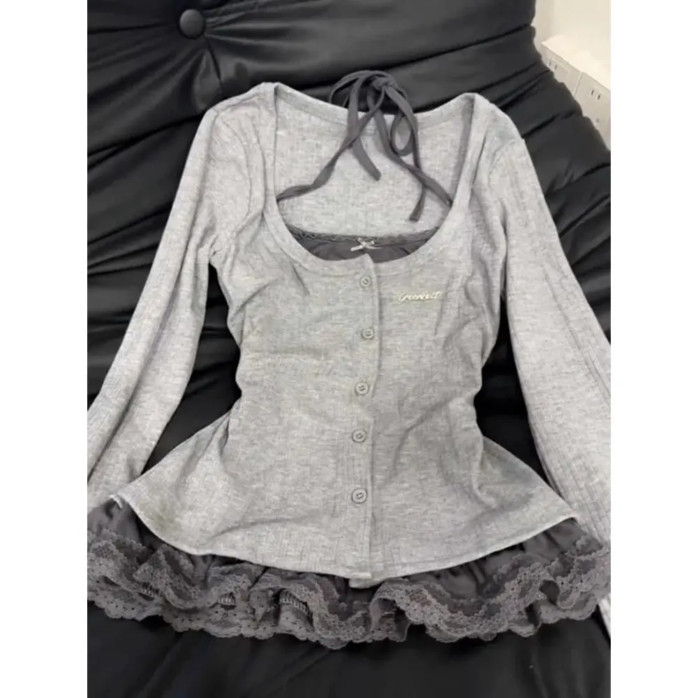Women Korean Y2K Harajuku Vintage Fake Two-Piece Design Tops Casual Lace Long Sleeves Shirts 2000s Gyaru Oversized Tshirt  New