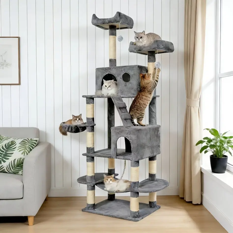 [Cat Tree For Big Feline] 70-52 Inches Tall Cat Tree/Multi-Level Large Climbing Tree House And Towers For Big Feline/Condo And Hammock/Scratching Post/Wide Base(70in/62in/60.63in/52.5in)