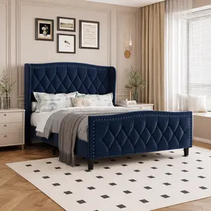 SA-Garvee Full and Queen Bed Frame with 4 Drawers and Storage Headboard, Upholstered Wingback Bed Frame with Charging Station, Diamond Tufted Designs, No Box Spring Needed, Easy Assembly, Noise Free