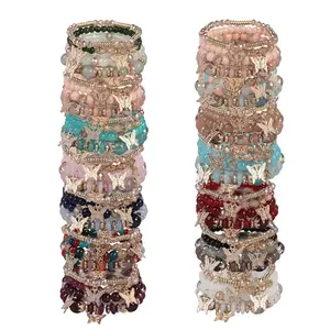 8pcs Mix Elegant Dreamy Multi-Layer Beaded Bracelets Set - Pink/Turquoise/Navy/Crimson Beads, Golden -Tone Butterfly & Star Decor Accents Design, Metallic Bead Details - Festival Wear Jewelry, Ideal Gift for Anniversaries for Women & Jewelry Enthusiast