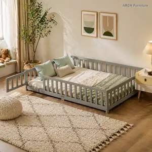 Full Size ARCH Rubber Wood Floorbed - Montessori Style Toddler Pod Bed, Child-Friendly Kids Bedroom Furniture with Safety Fence, Door and Guardrails, Grey, Toddler Pod Beds