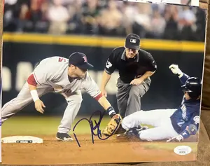 Dustin Pedroia Signed 8x10 fielding RED SOX WS Champ   JSA