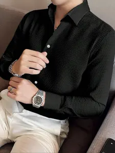 Men's Solid Color Lapel Design Shirt, Long Sleeve Casual Button Front Blouse, Fitted X-Type Silhouette, All Seasons Formal Wear