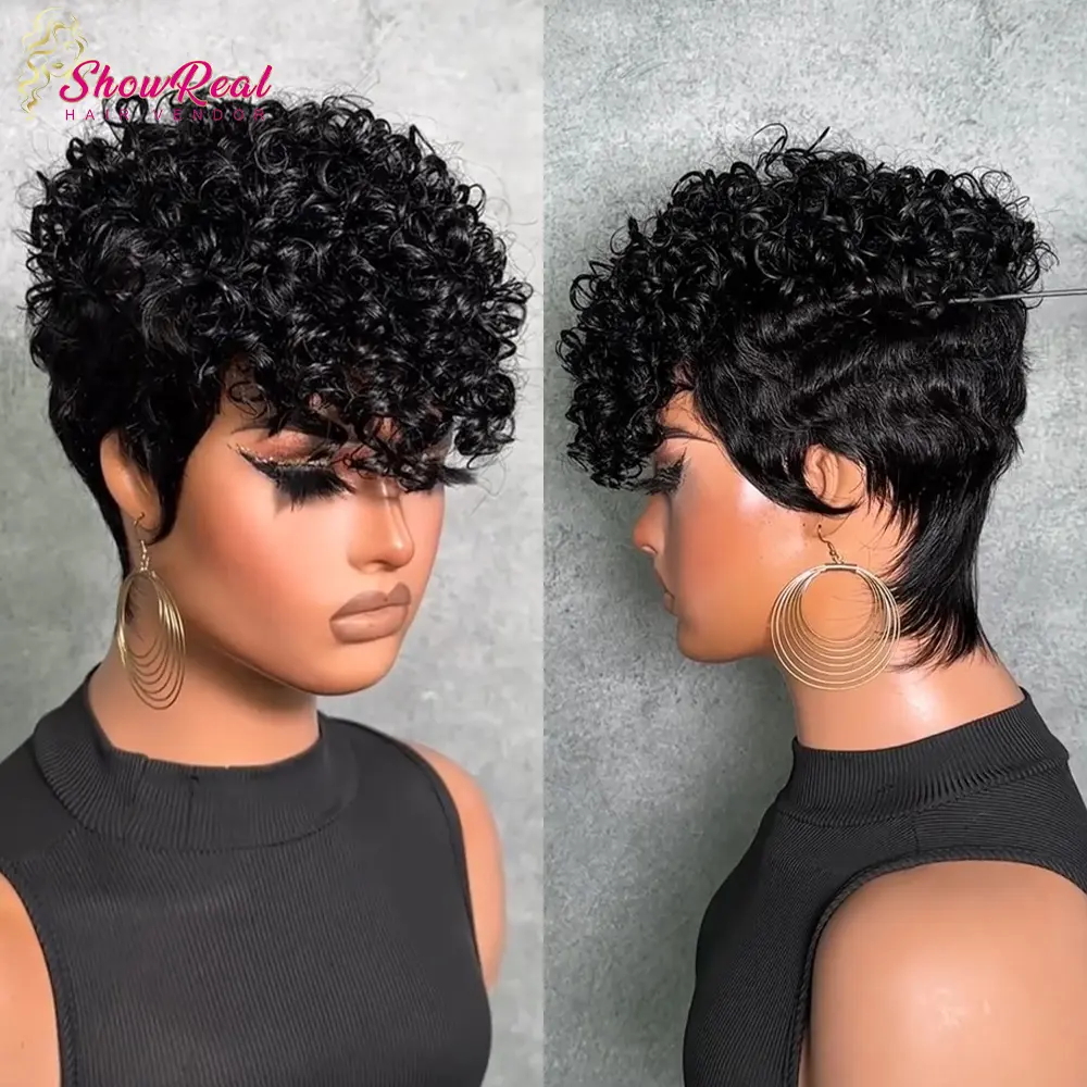ShowReal 0530 Short Curly Pixie Human Hair Wig, Mixed Kinky Curly & Finger Wave Texture, Fashion Short Wigs For Black Women