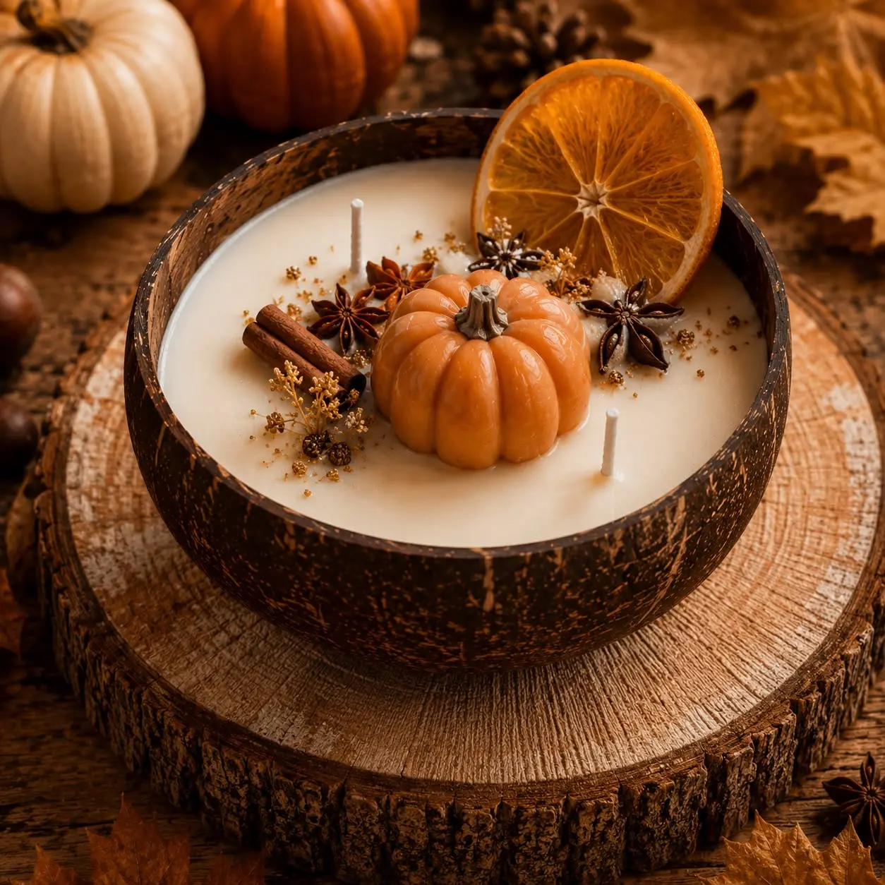 Fall Coconut Shell Candle with Pumpkin Decor